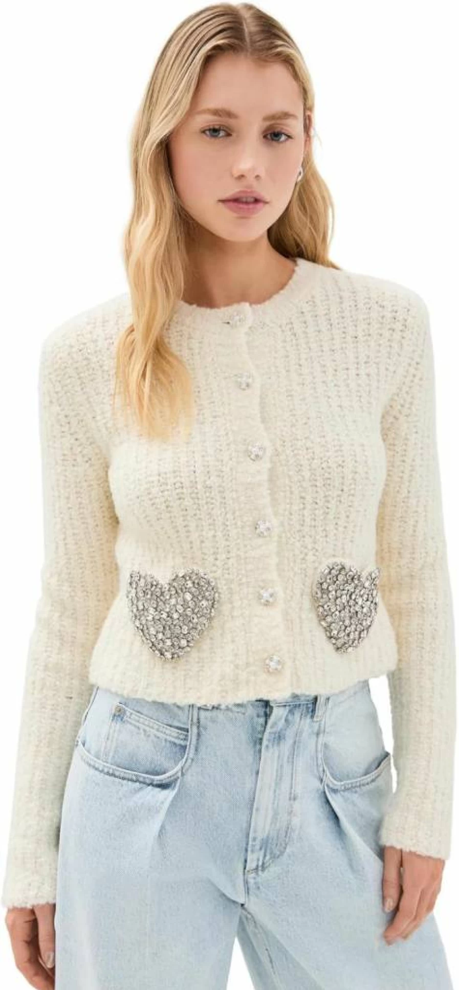 LOVESHACKFANCY Women's Leocadia Knit Cardigan Sweater - Feminine Lace Trim Open Front Wrap
