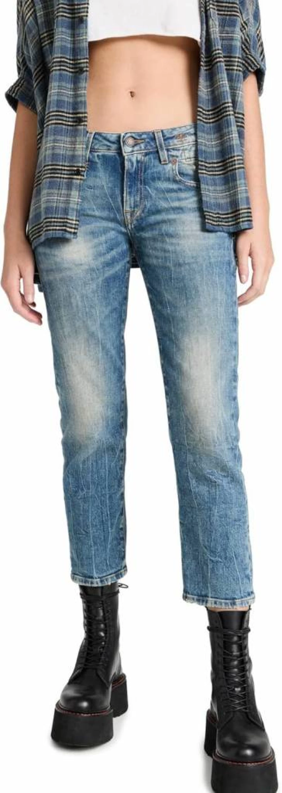 R13 Women's Boyfriend Straight Leg Jeans - High Waisted Distressed Denim Pants