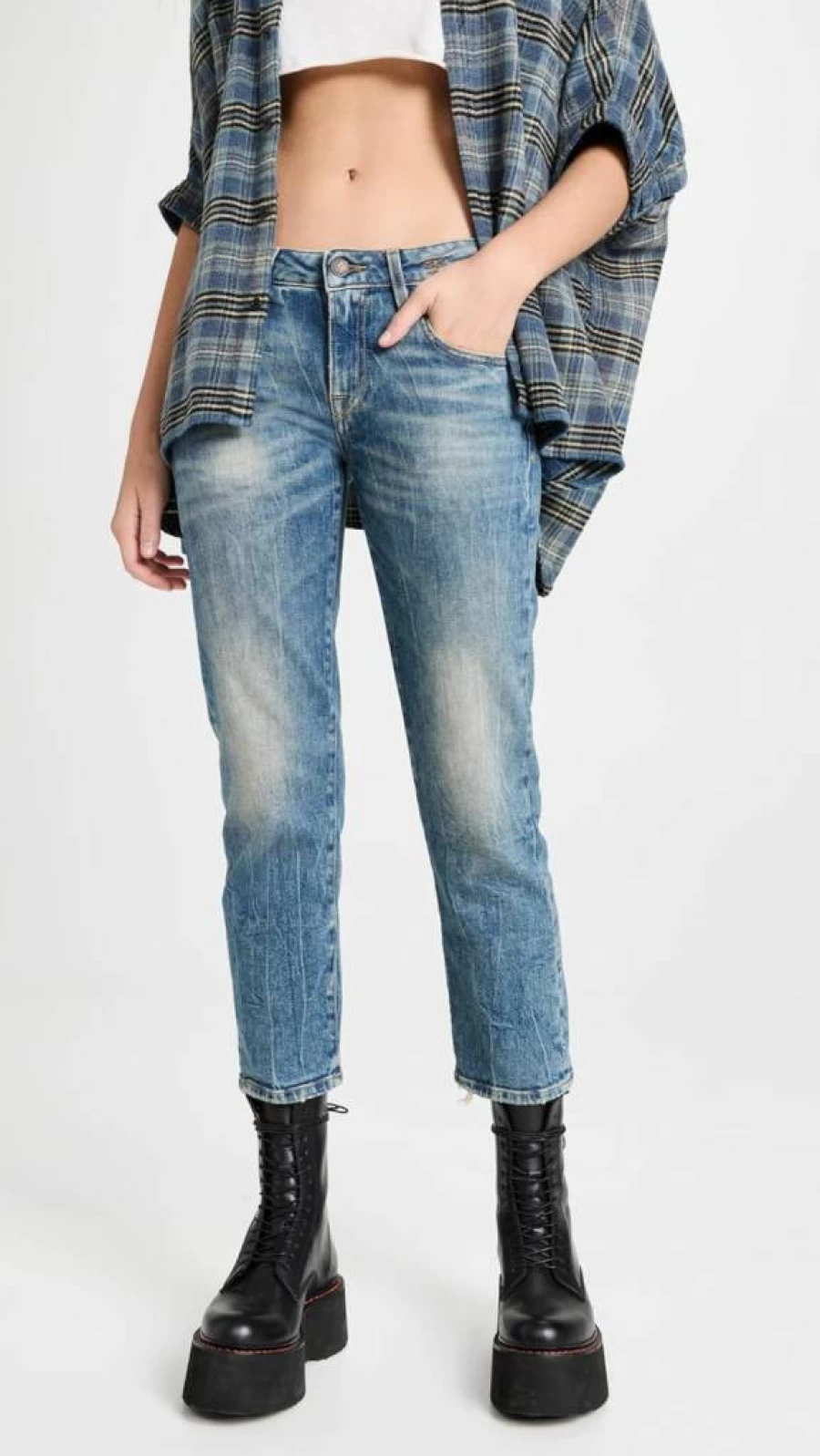R13 Women's Boyfriend Straight Leg Jeans - High Waisted Distressed Denim Pants