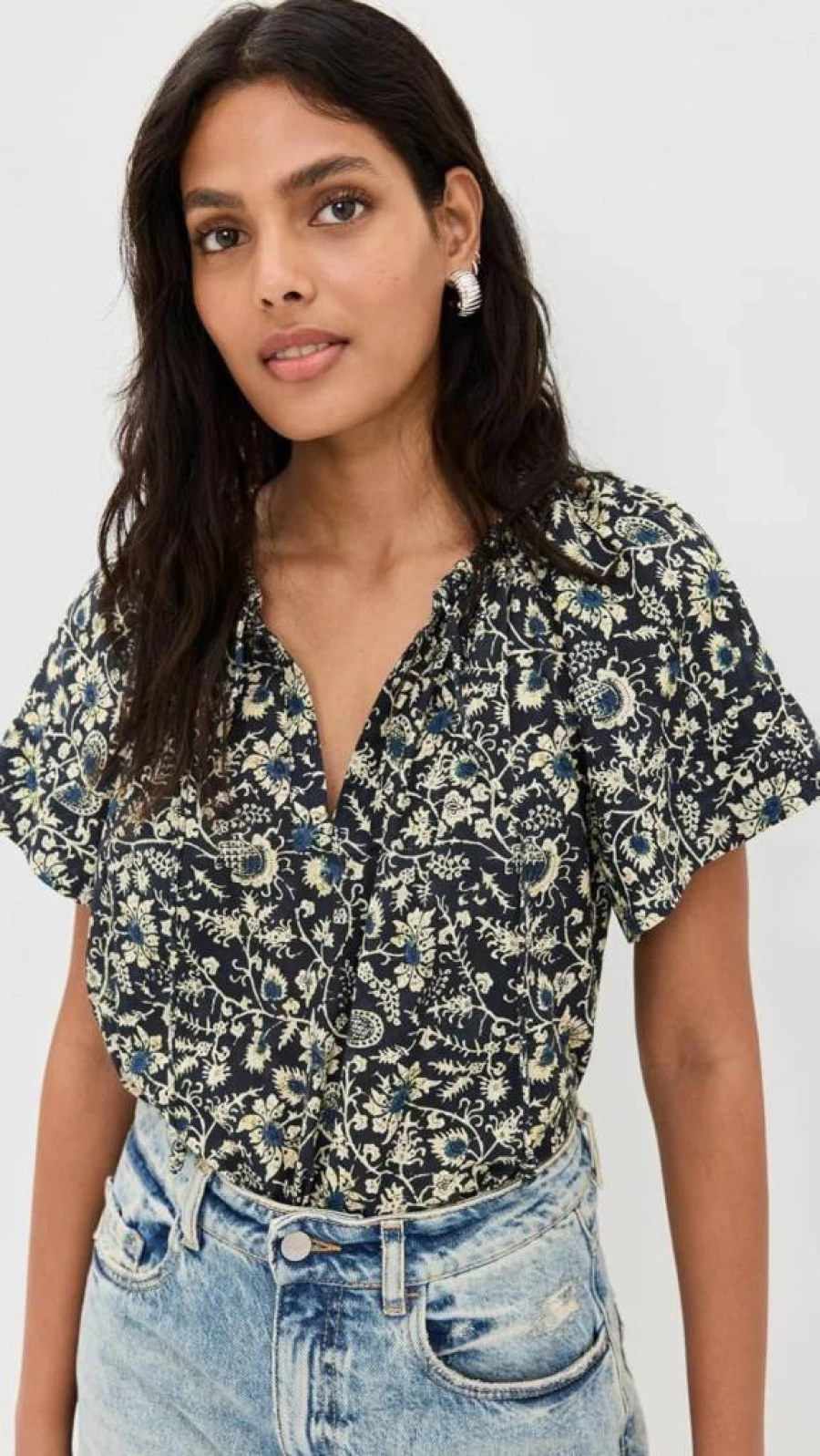 Ulla Johnson Women's Sena Top - Floral Print Blouse with V-Neck and Puff Sleeves