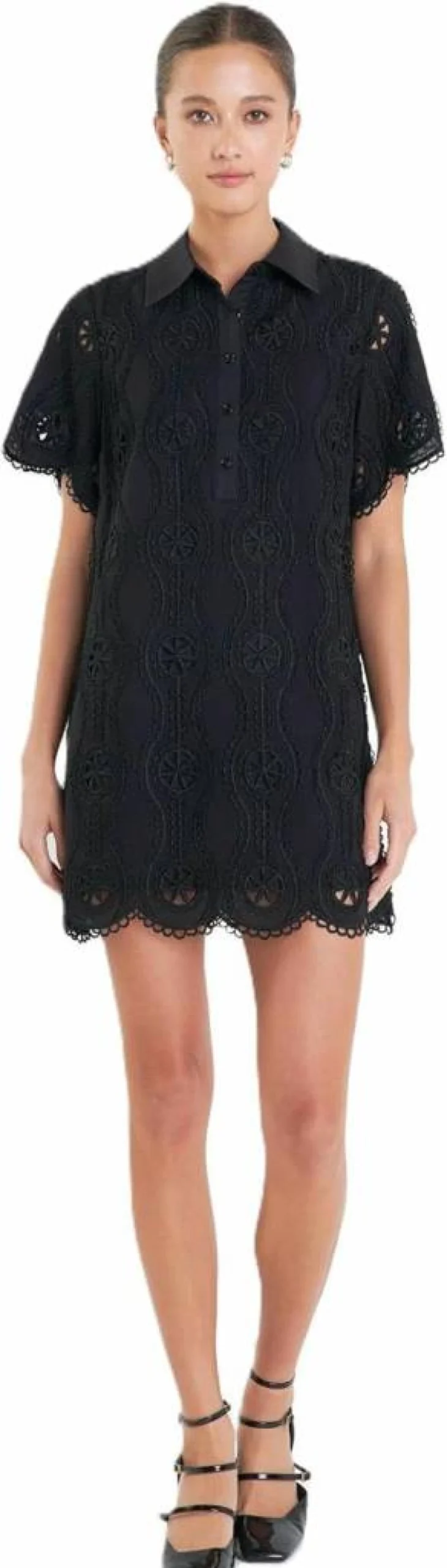 English Factory Women's Floral Embroidered Cotton Mini Dress - Summer Short Sleeve Scallop Hem Shirt Dress