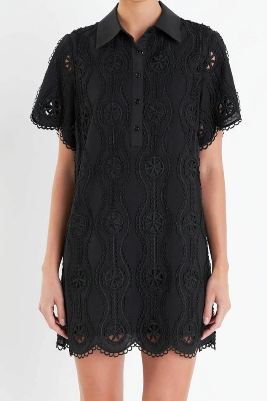 English Factory Women's Floral Embroidered Cotton Mini Dress - Summer Short Sleeve Scallop Hem Shirt Dress