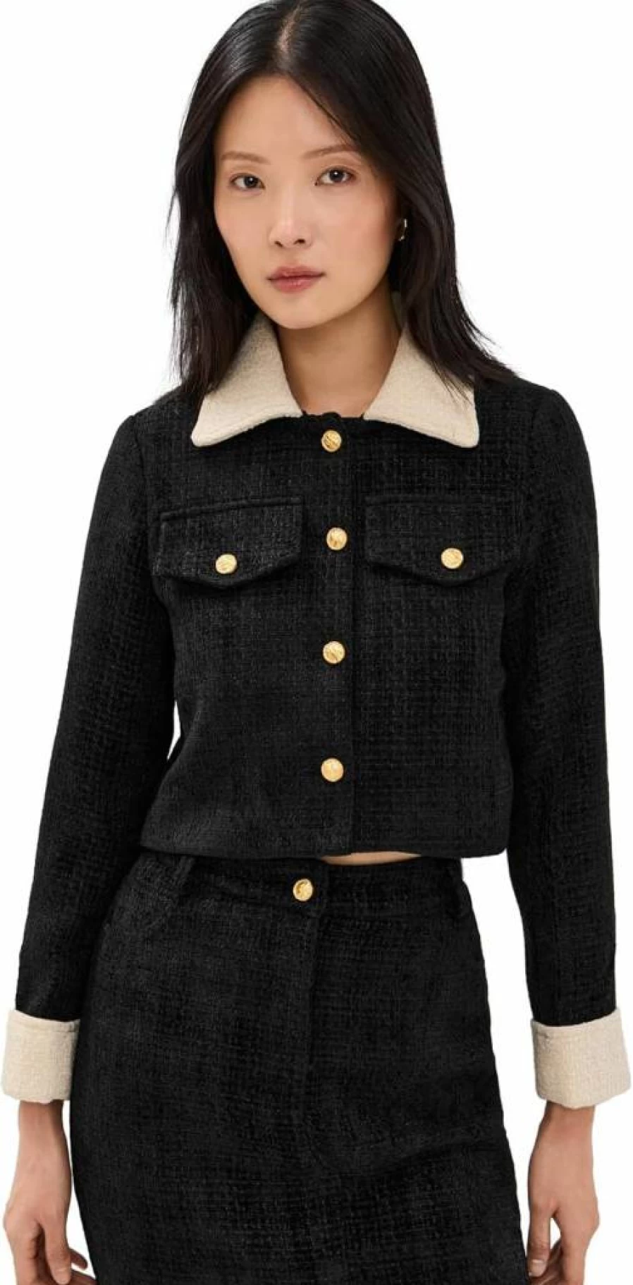 MOON RIVER Women's Cropped Blazer Jacket Long Sleeve Gold Button Closure Slim Fit Office Wear