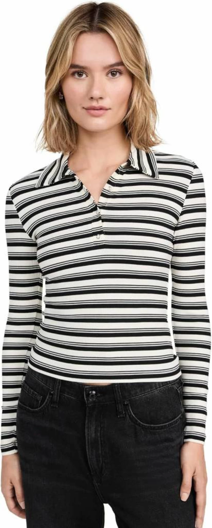 LNA Women's Sylvie Ribbed Long Sleeve Collared Tee - Soft Stretch Crewneck Top