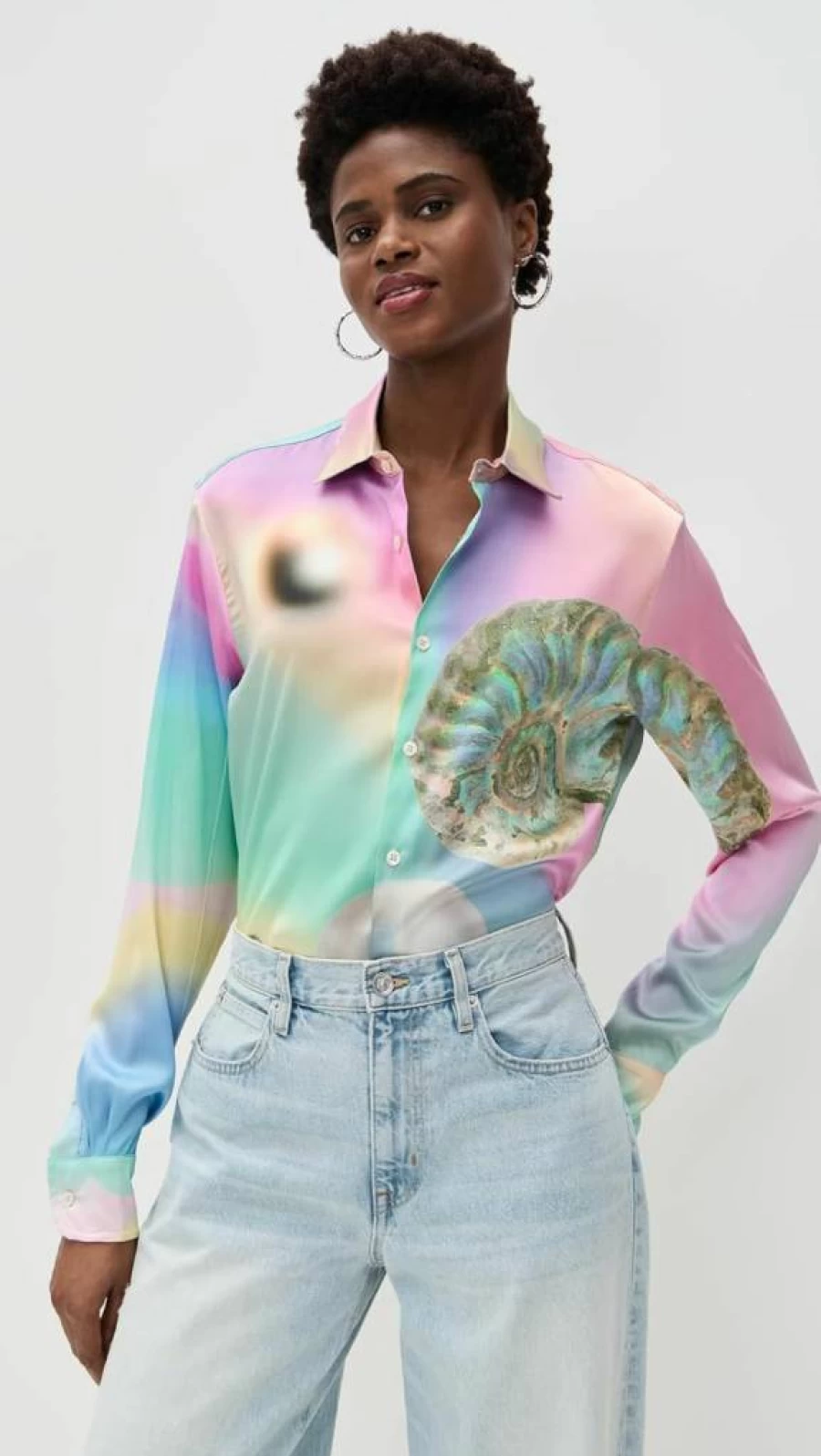 BruceGlen Women's Muva Pearl Print Charmeuse Blouse Elegant Button-Up Shirt