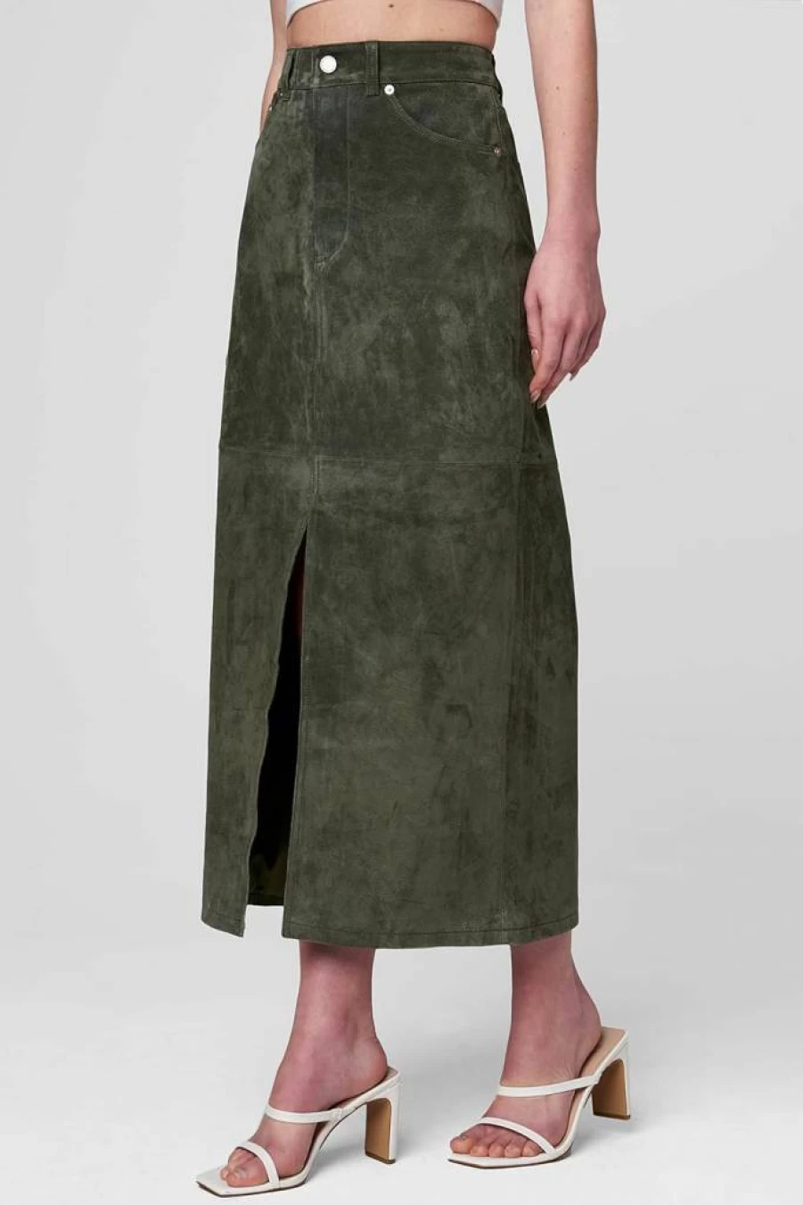 BLANKNYC Women's Genuine Suede Midi Skirt - Brown Leather A-Line Vintage Style