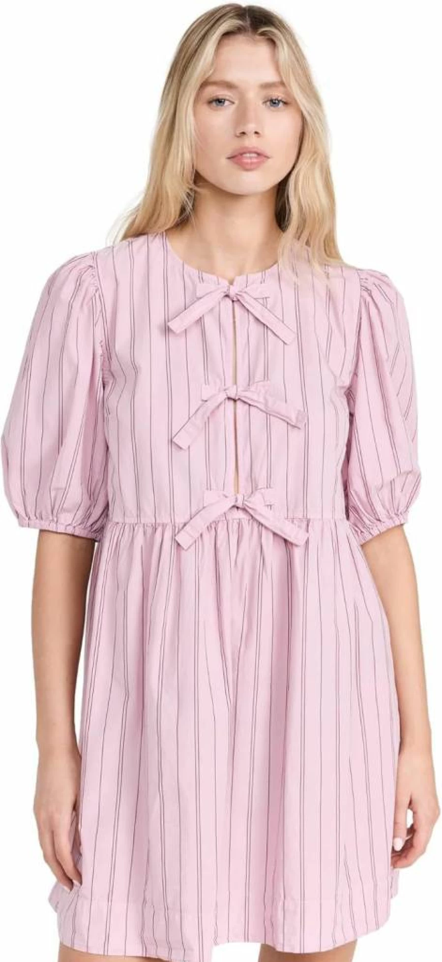 Ganni Women's Striped Cotton Mini Dress with Bow Tie Detail