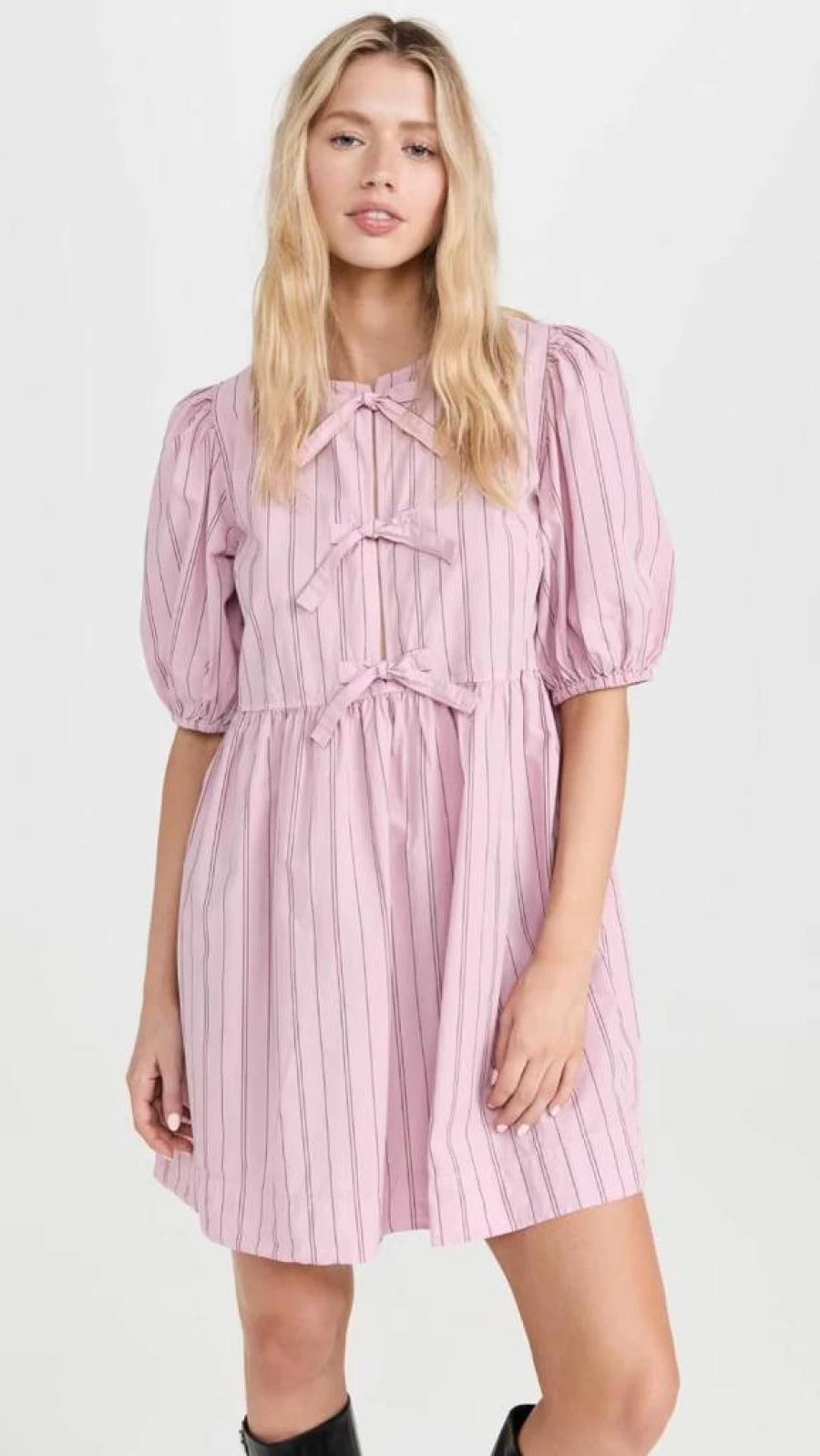 Ganni Women's Striped Cotton Mini Dress with Bow Tie Detail