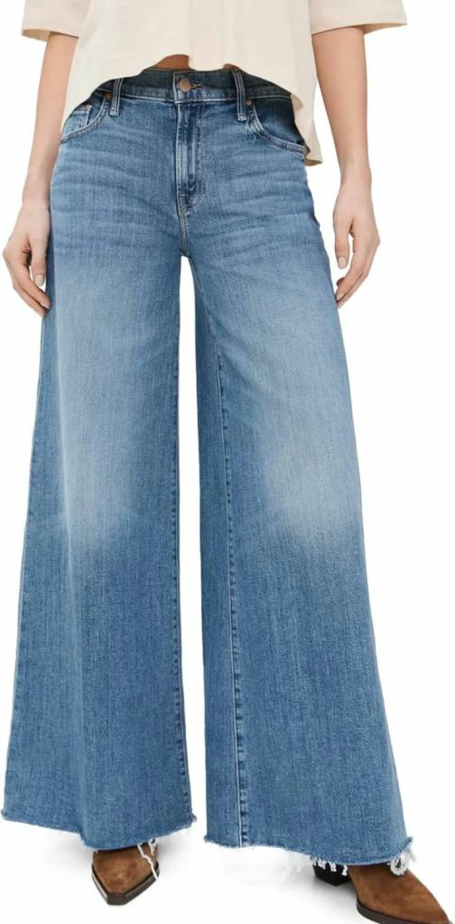 MOTHER Women's Swisher Sneaker Fray Hem Jeans - Distressed Denim with Raw Edge Detail