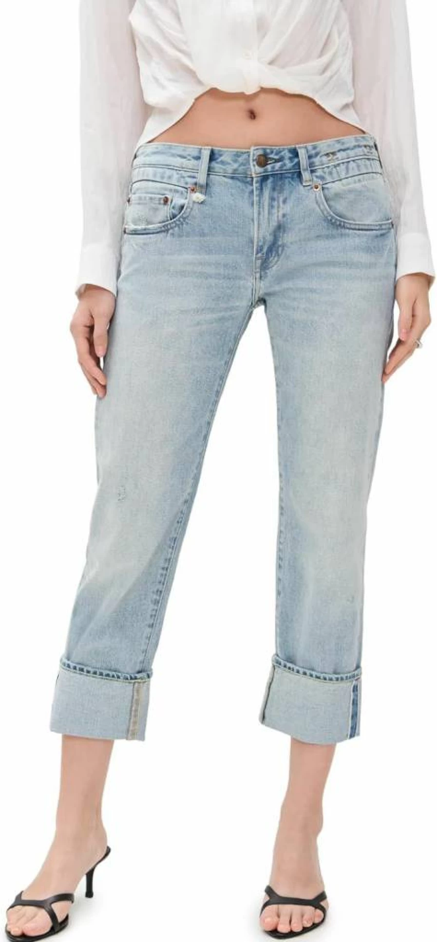 R13 Women's Boyfriend Jeans - Straight Leg Distressed Denim with Cuffed Hem