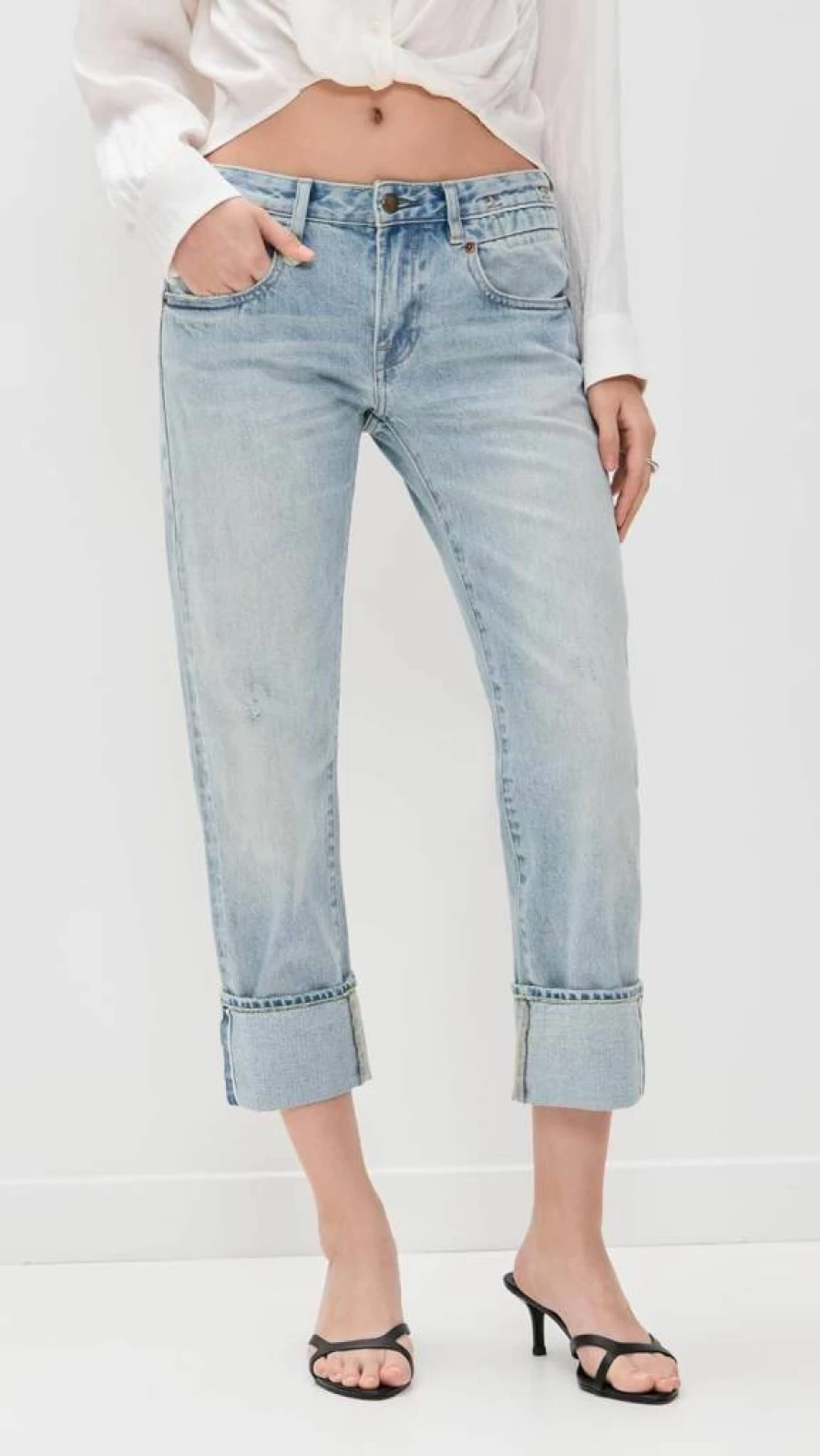 R13 Women's Boyfriend Jeans - Straight Leg Distressed Denim with Cuffed Hem