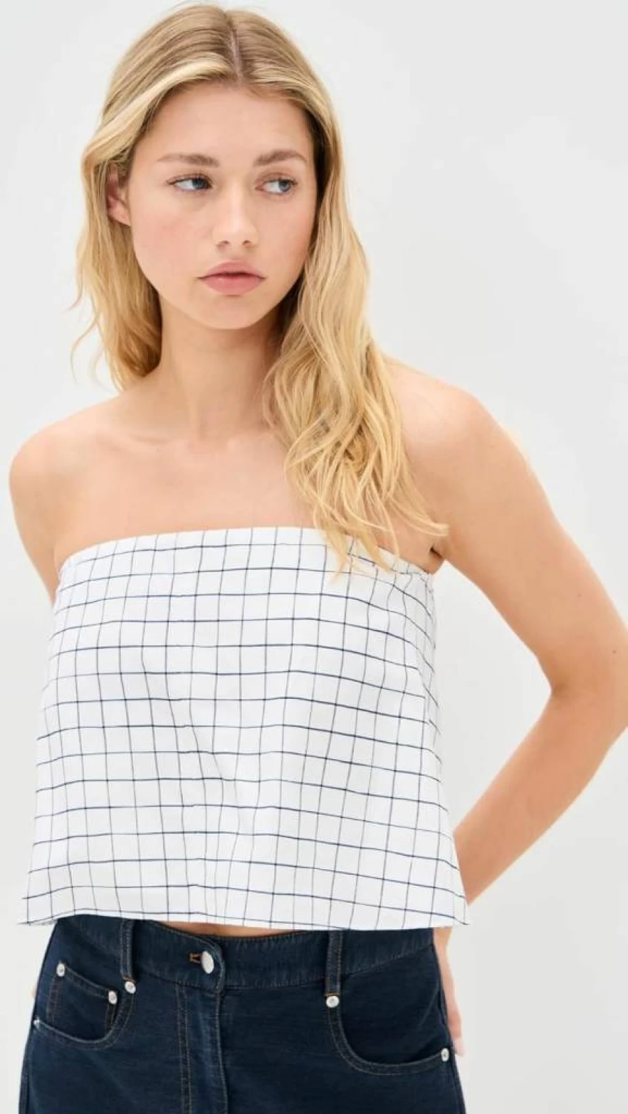 Vince Women's Strapless Plaid Top with Tie Back Detail - Trendy Trellis Print Blouse