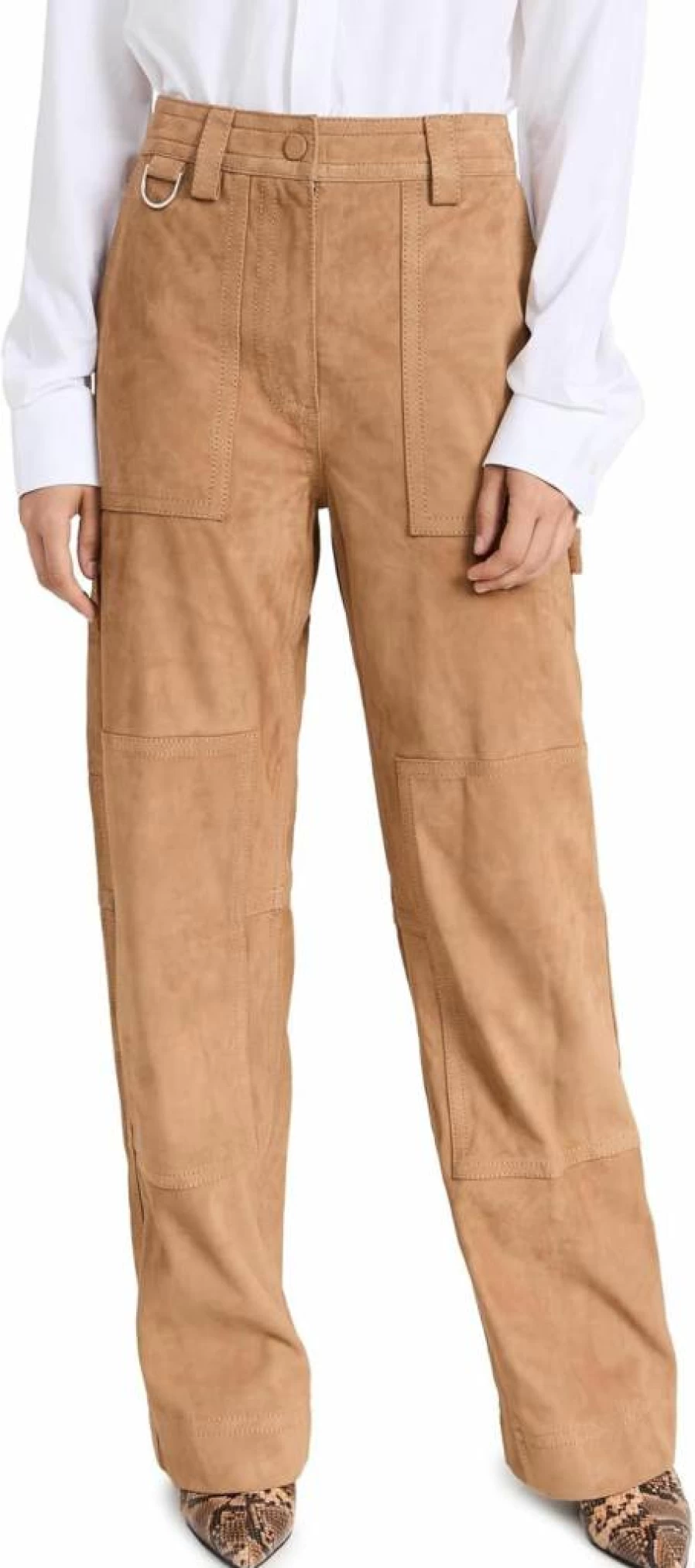 SAKS POTTS Women's Genuine Leather Pants with Rose Embossed Detail - High-Waisted Fashion Trousers