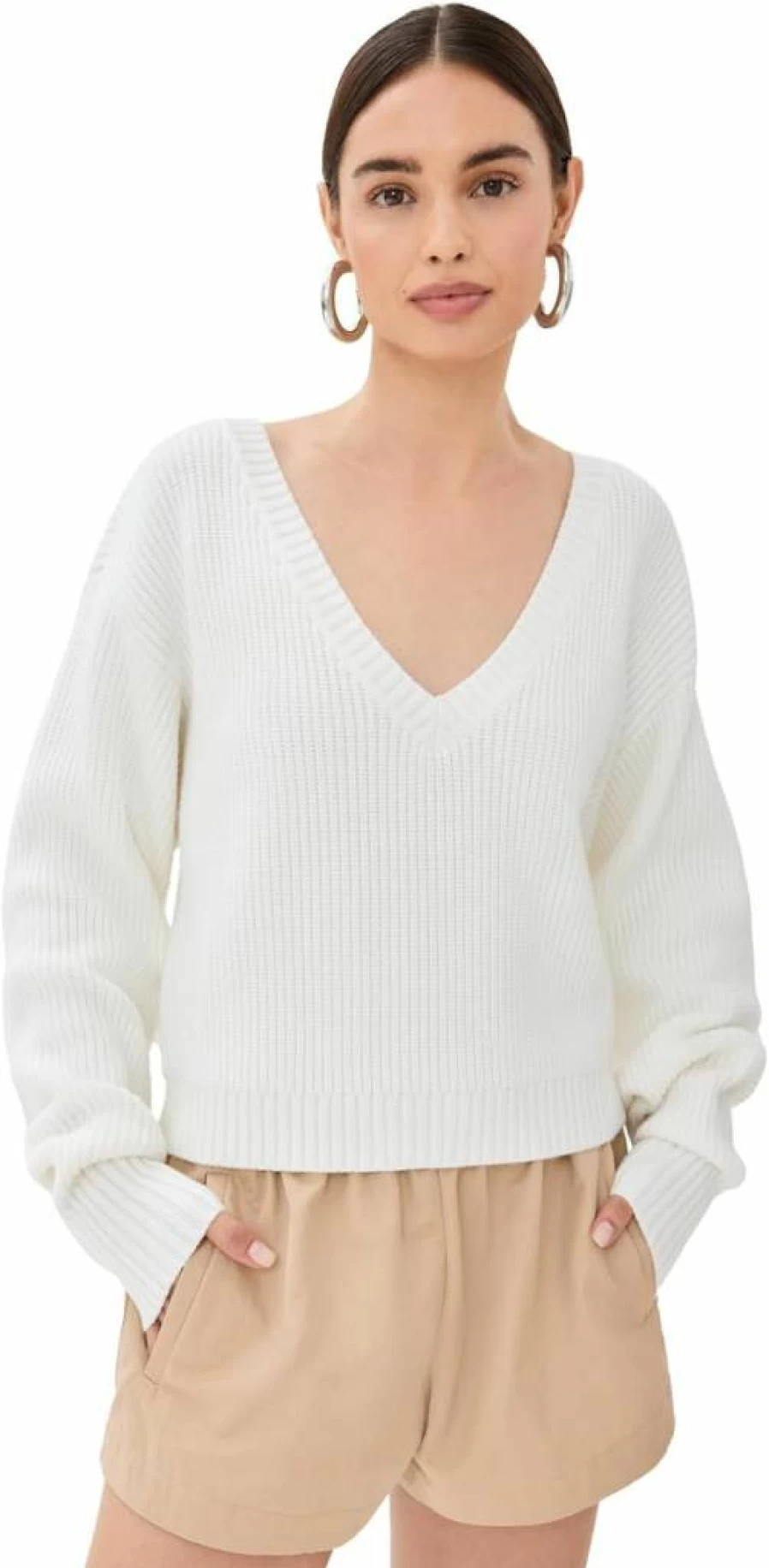 Good American Women's Soft Deep V-Neck Sweater - Cozy Knit Pullover for Women