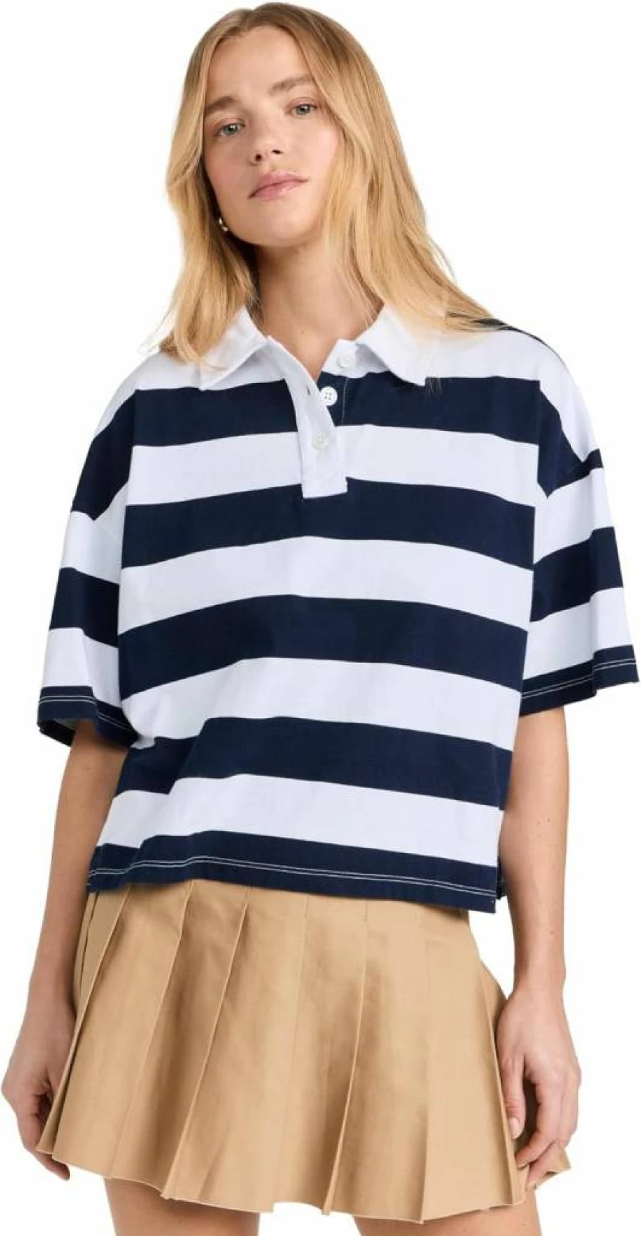Stateside Women's Navy Blue Striped Short Sleeve Boxy Polo Shirt