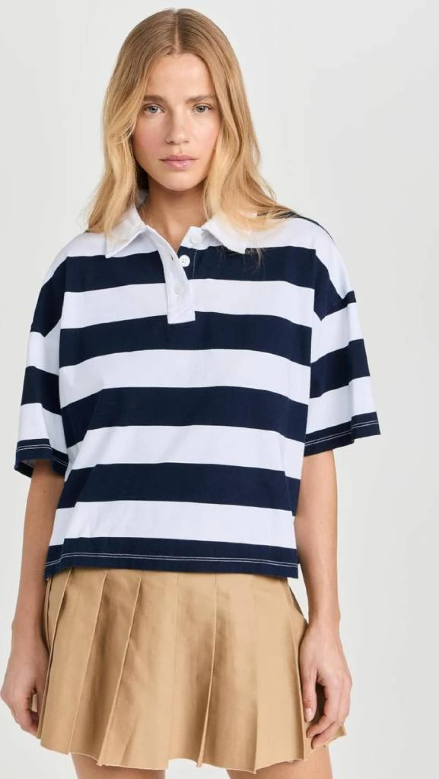 Stateside Women's Navy Blue Striped Short Sleeve Boxy Polo Shirt