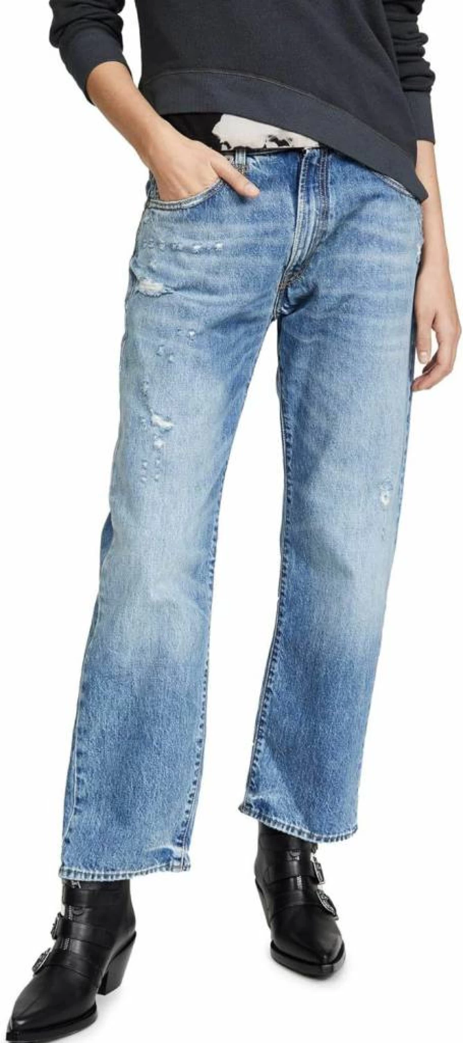 R13 Women's Distressed Boyfriend Jeans - High Waist Relaxed Fit Denim Pants