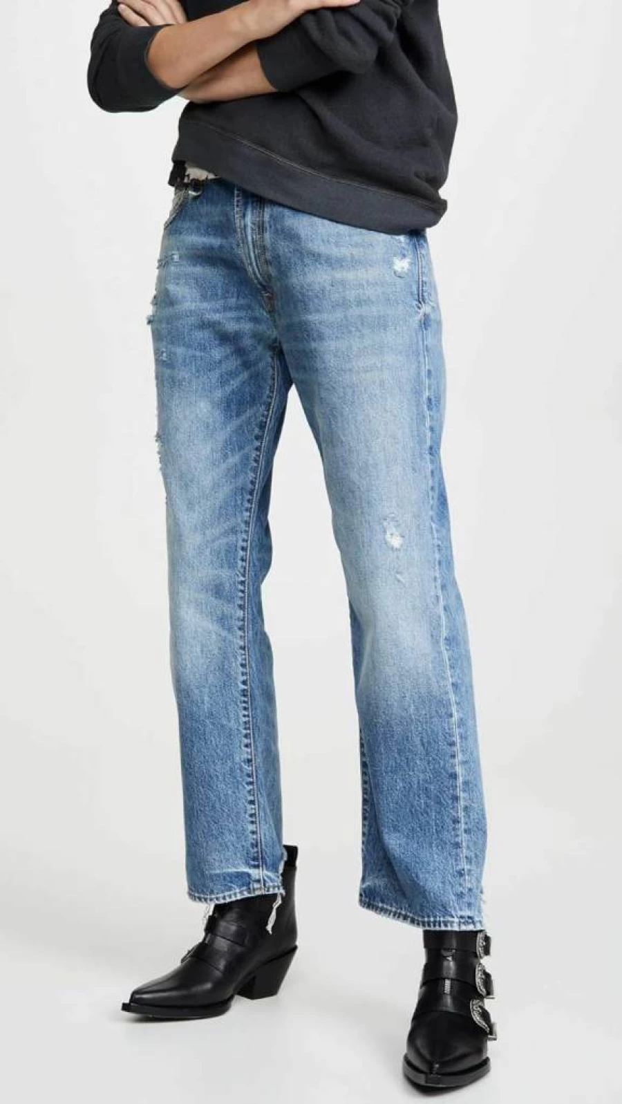 R13 Women's Distressed Boyfriend Jeans - High Waist Relaxed Fit Denim Pants