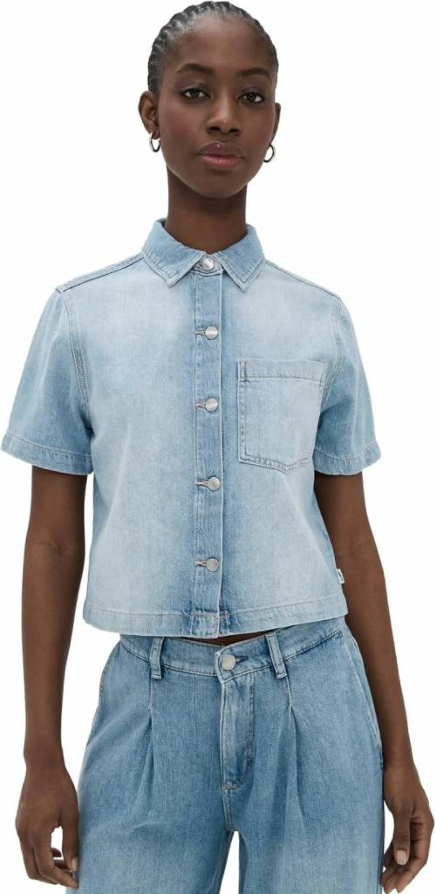 DL1961 Women's Aura Montauk Denim Shirt - Classic Blue Stretch Cotton Top