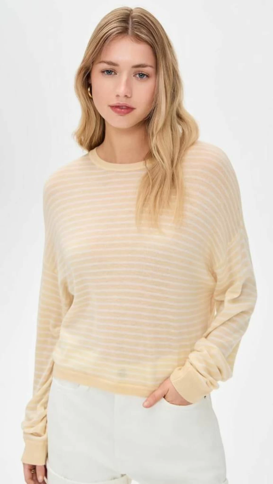 White + Warren Women's Superfine Cashmere Blend Striped Sweatshirt | Soft Luxury Pullover | Classic Striped Design