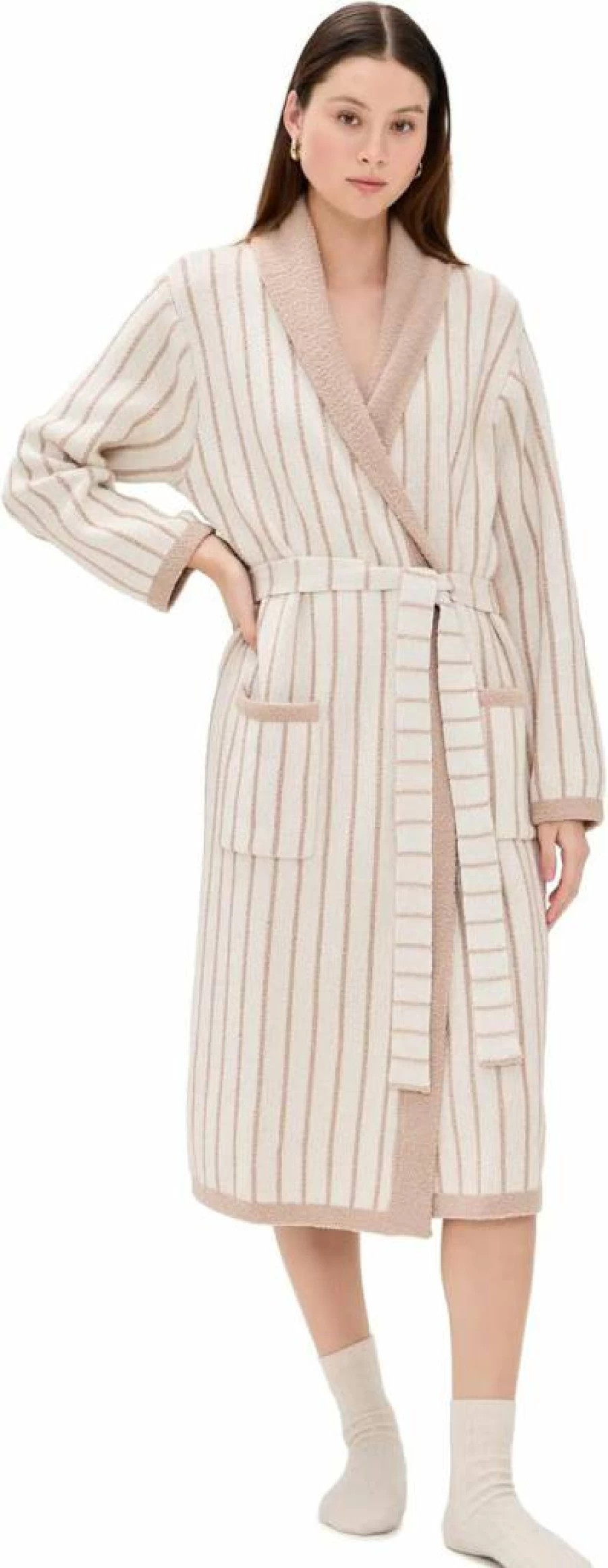Barefoot Dreams Cozychic Cotton Pinstripe Robe for Women - Soft Lounge Robe