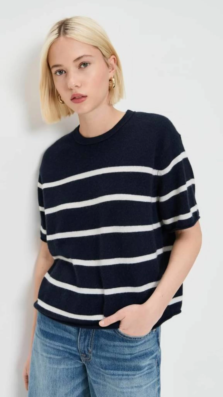 White + Warren Women's Luxury Cashmere T-Shirt with Roll Trim - Soft Premium Knit Top