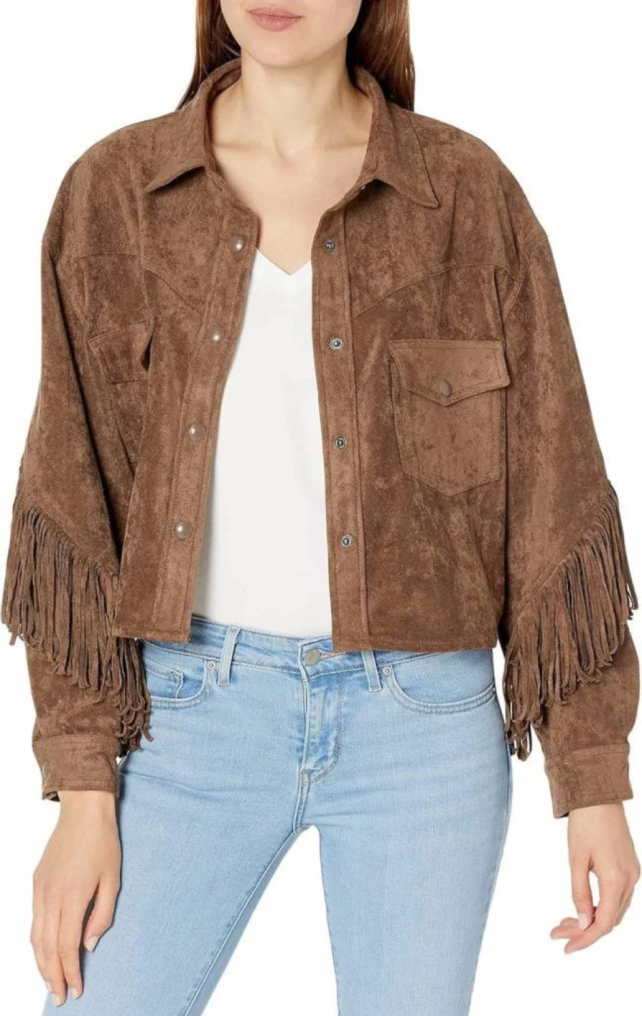 BLANKNYC Women's Faux Suede Fringe Shirt Jacket - Stylish & Comfortable Coat for Women