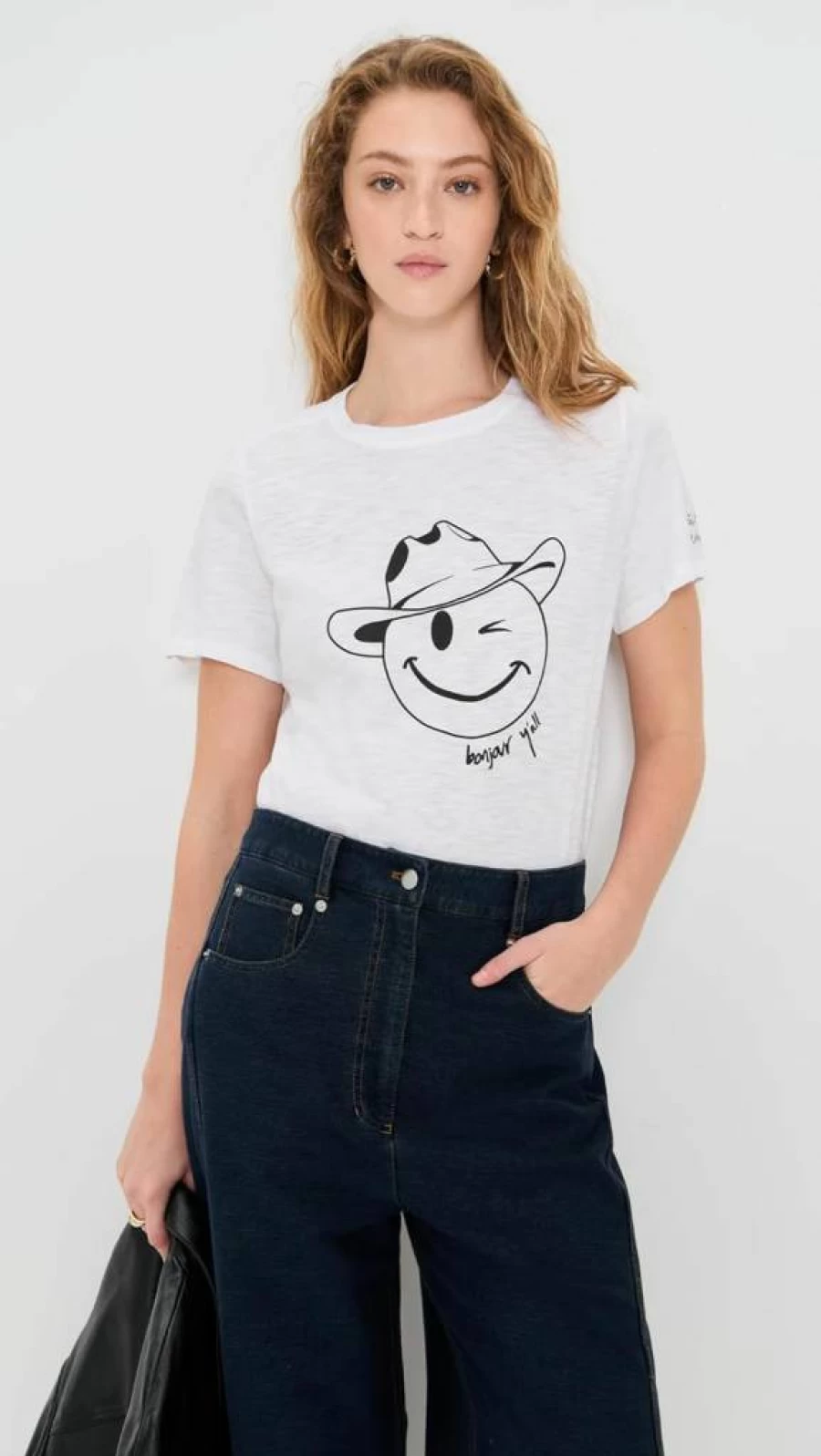 Cinq a Sept Women's Bonjour Yall Smiley Graphic Tee - Casual Short Sleeve T-Shirt