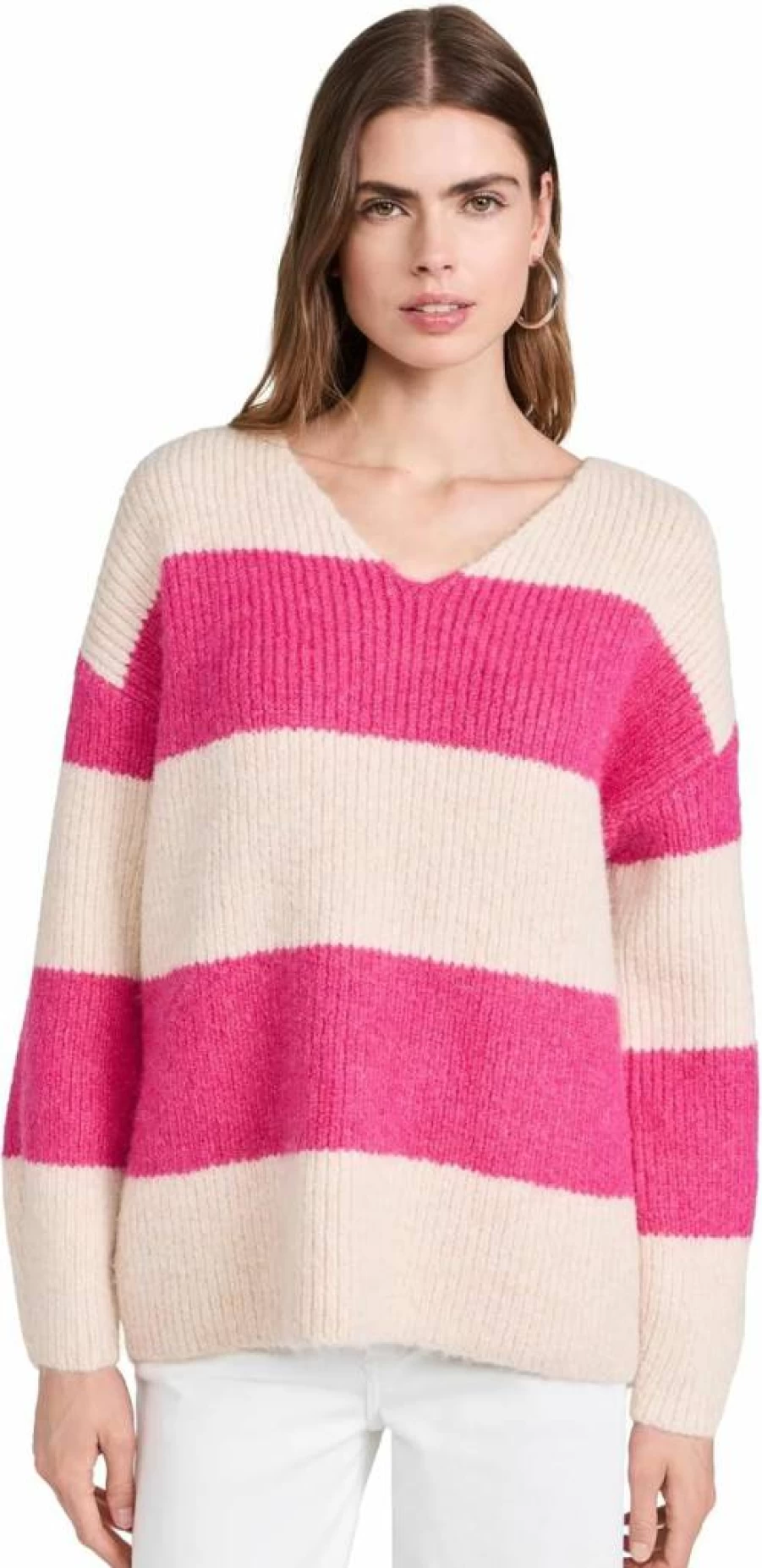 Endless Rose Women's Oversized Striped Knit Sweater - Soft Fuzzy Cozy Pullover