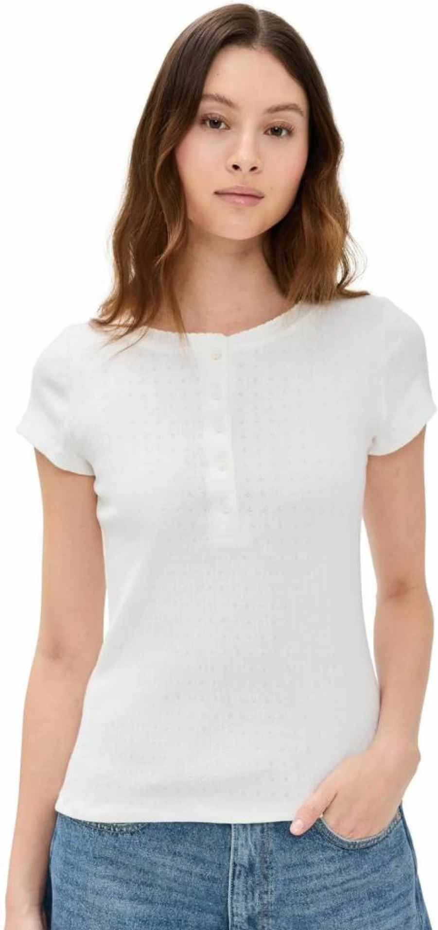 Marea Women's Pointelle Short Sleeve Henley Top - Breathable Lace Knit Casual Shirt