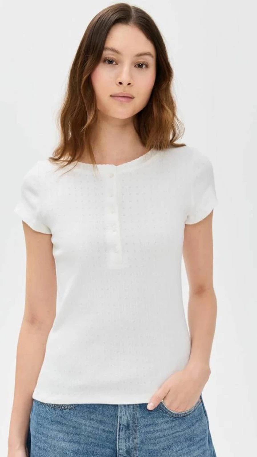 Marea Women's Pointelle Short Sleeve Henley Top - Breathable Lace Knit Casual Shirt
