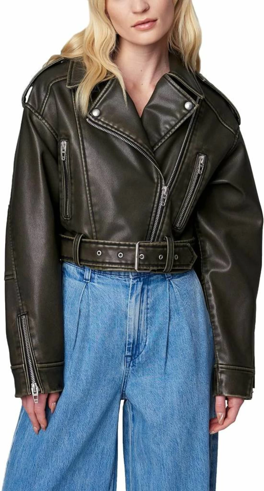 BLANKNYC Women's Faux Leather Oversized Moto Biker Jacket - Vegan Leather Coat