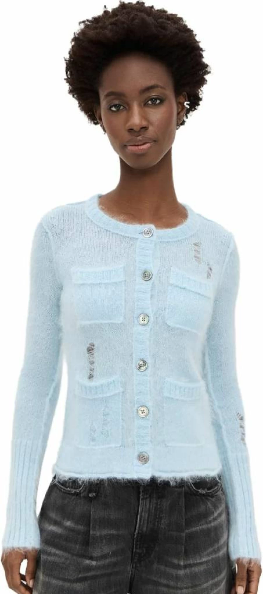 R13 Women's Oversized Shrunken Knit Cardigan Sweater Vintage Style Crewneck