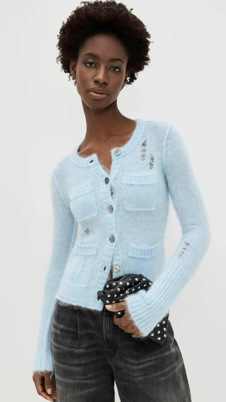 R13 Women's Oversized Shrunken Knit Cardigan Sweater Vintage Style Crewneck