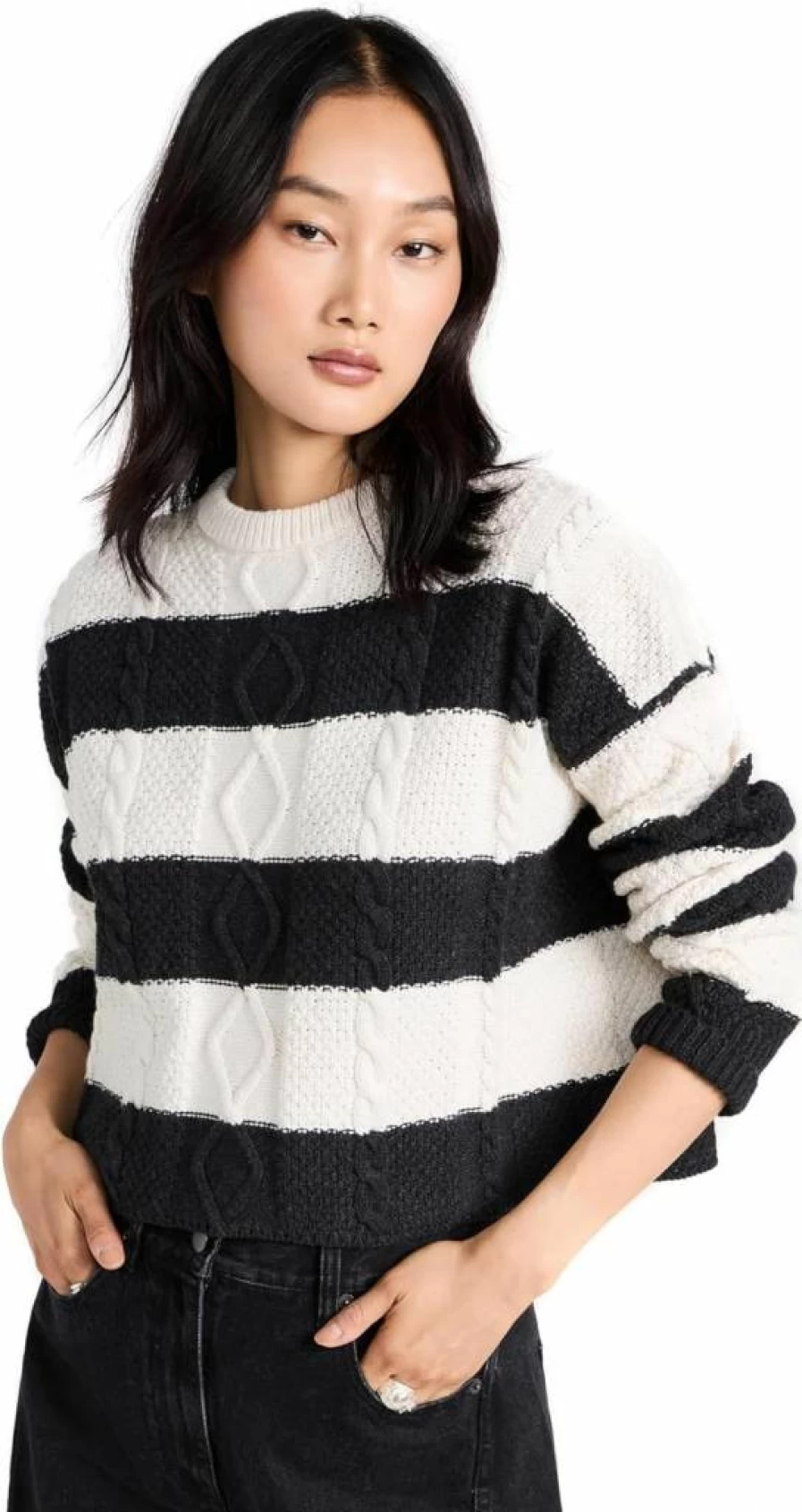 ASKK NY Women's Chunky Knit Cropped Cable Sweater Crewneck Pullover