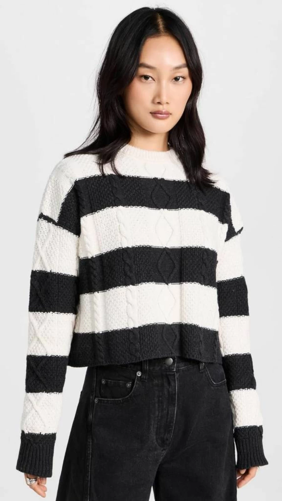 ASKK NY Women's Chunky Knit Cropped Cable Sweater Crewneck Pullover