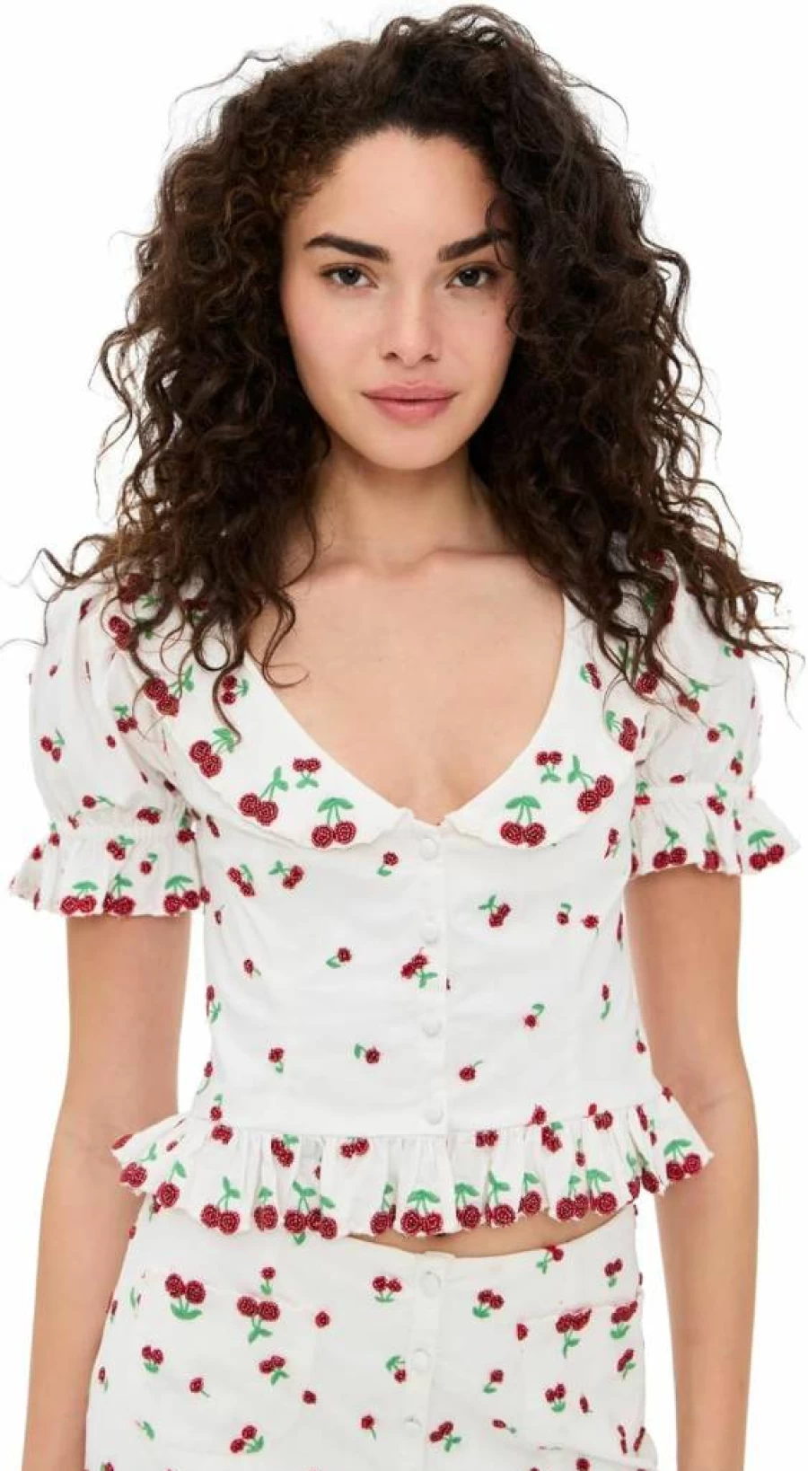 For Love & Lemons Women's Beaded Cherry Blouse - Feminine Floral Embellished Tops