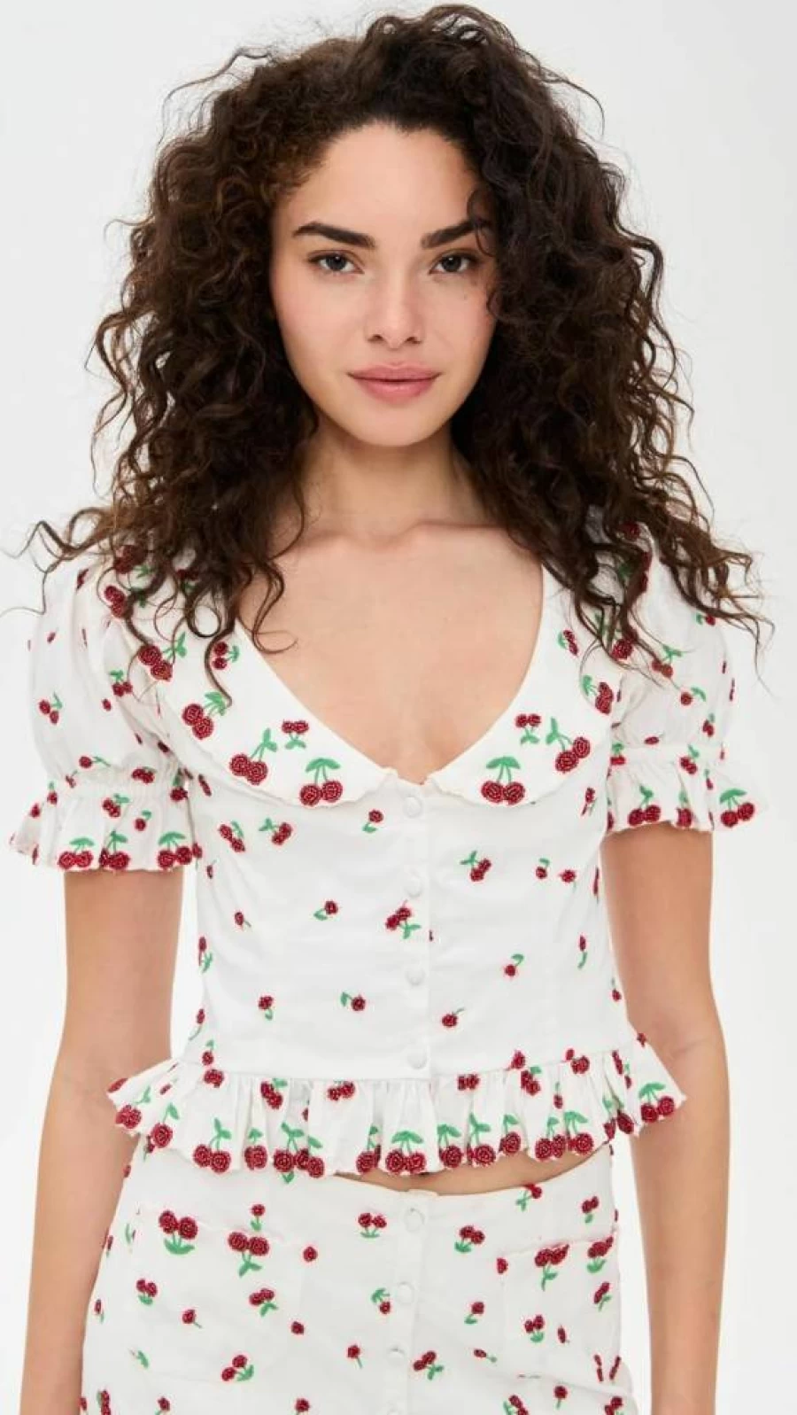 For Love & Lemons Women's Beaded Cherry Blouse - Feminine Floral Embellished Tops