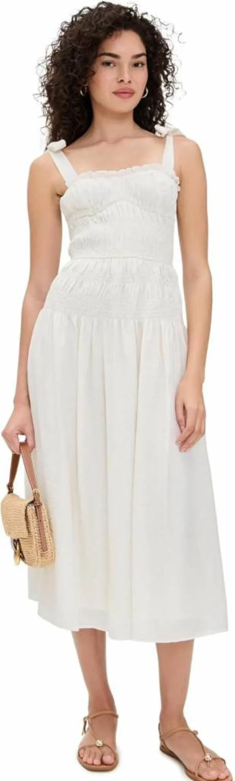 MOON RIVER Women's Flowy Adjustable Strap Shirred Midi Dress - Summer Boho Chic Beach Dress