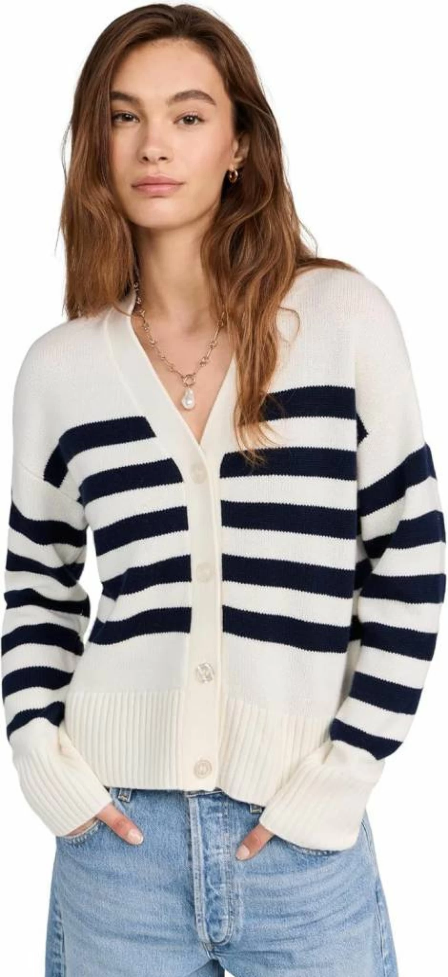 KULE Women's Oversized Striped Cardigan Sweater in Cream and Navy Blue