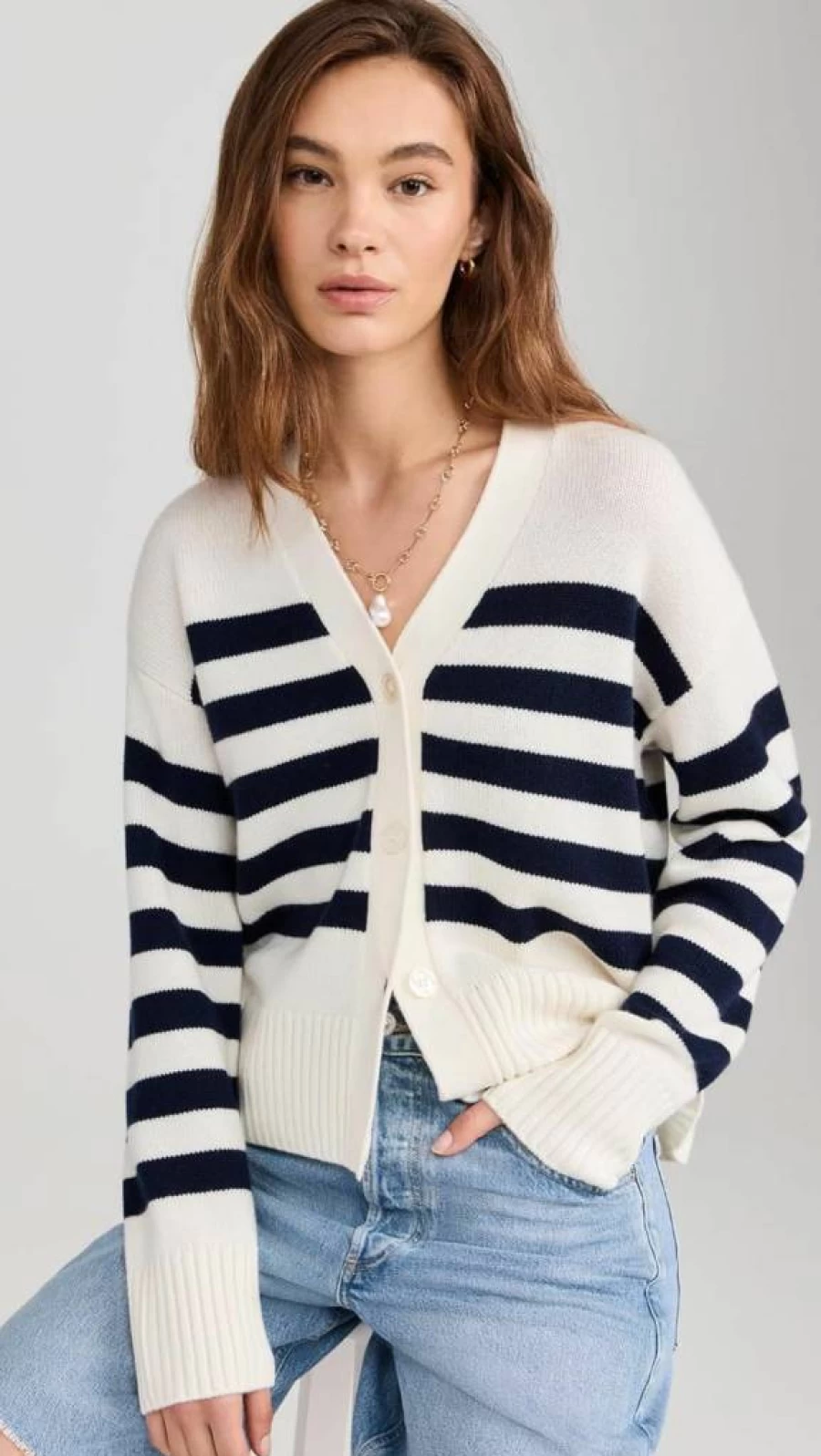 KULE Women's Oversized Striped Cardigan Sweater in Cream and Navy Blue