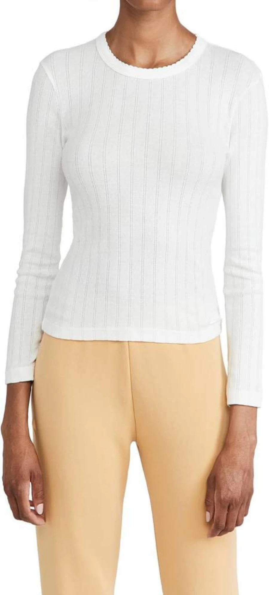 Leset Women's Pointelle Slim Fit Knit Top - Soft Stretch Casual Long Sleeve Shirt
