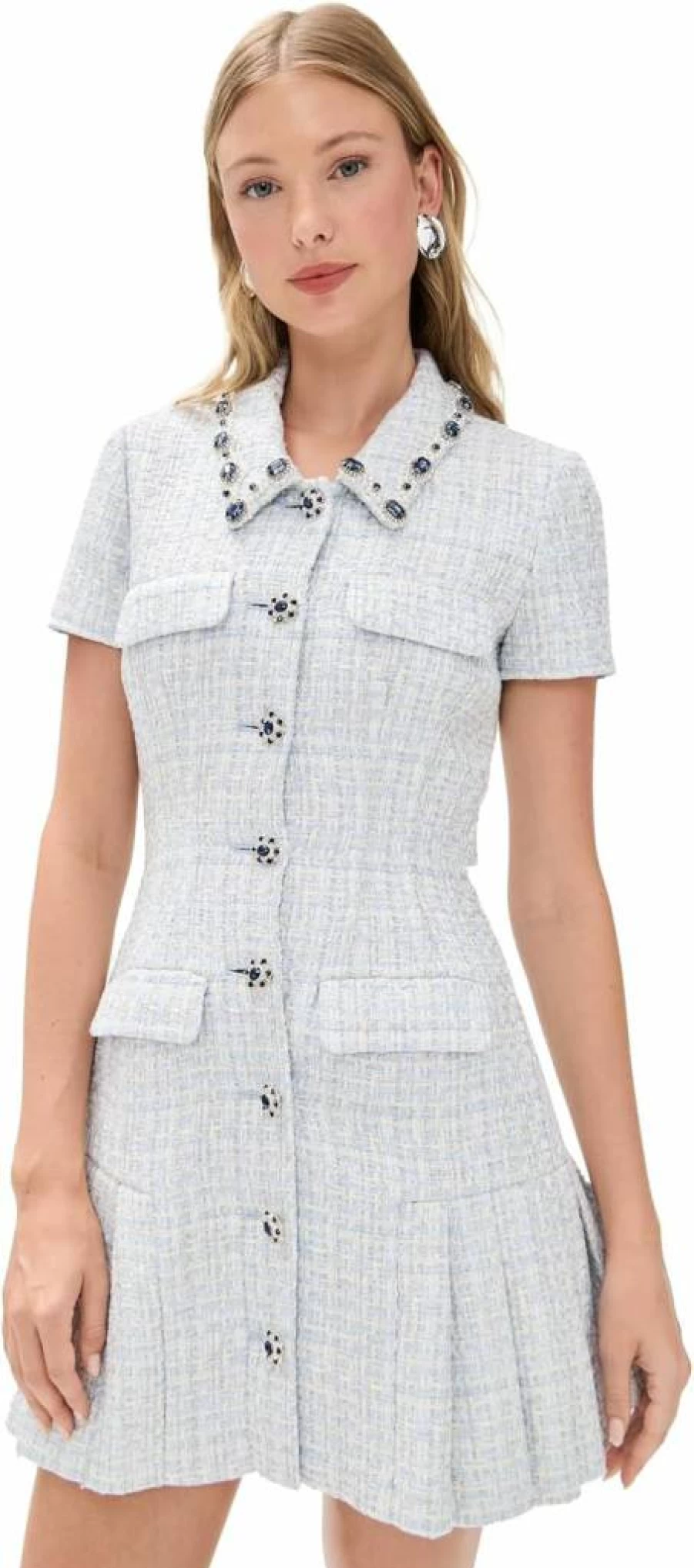 Self Portrait Women's Blue Boucle Mini Dress - Elegant Short Sleeve Party Dress