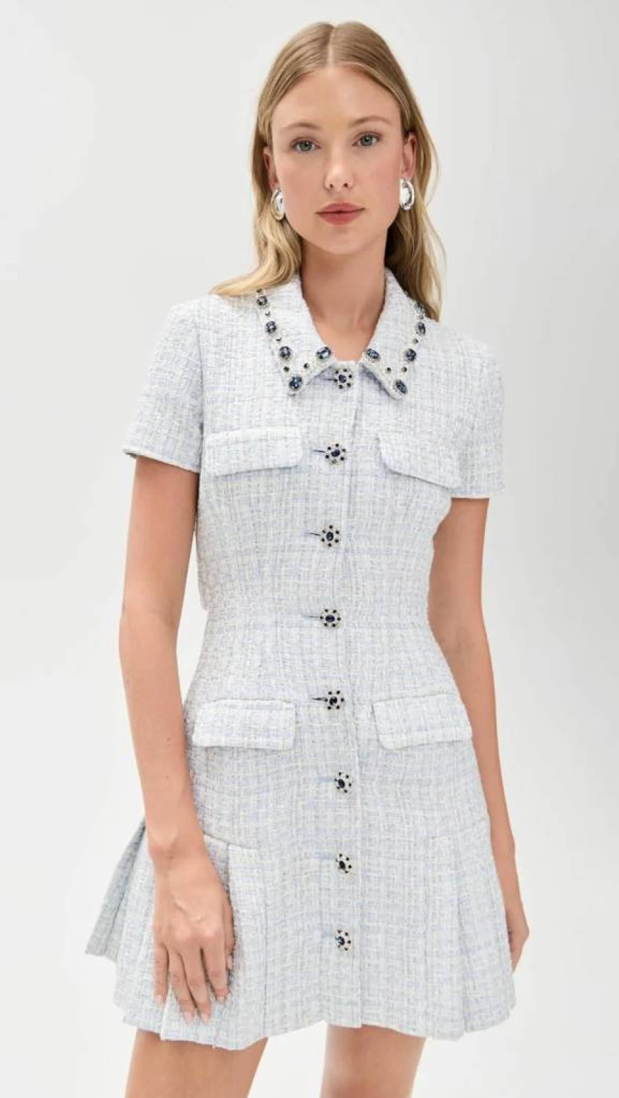 Self Portrait Women's Blue Boucle Mini Dress - Elegant Short Sleeve Party Dress