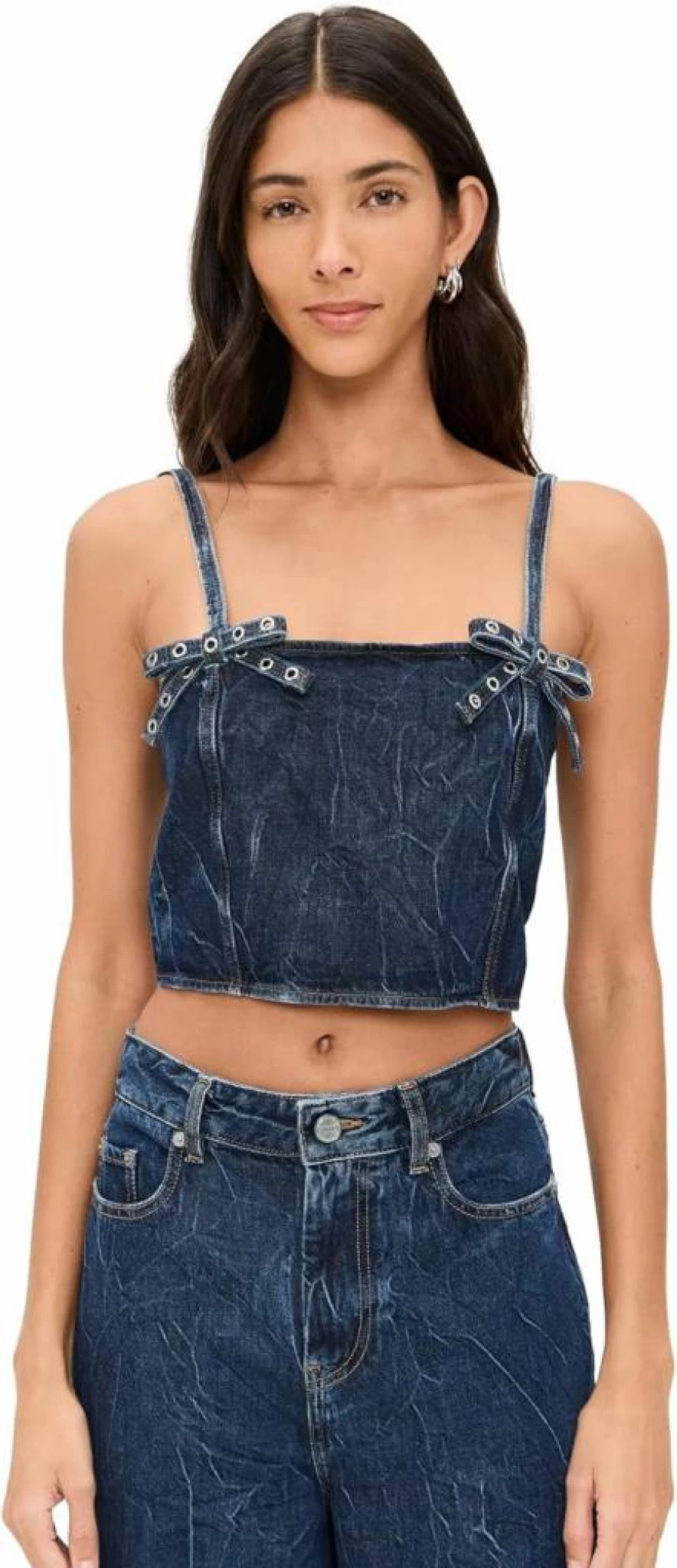 Ganni Women's Crinkled Denim Strap Top - Futuristic Styling