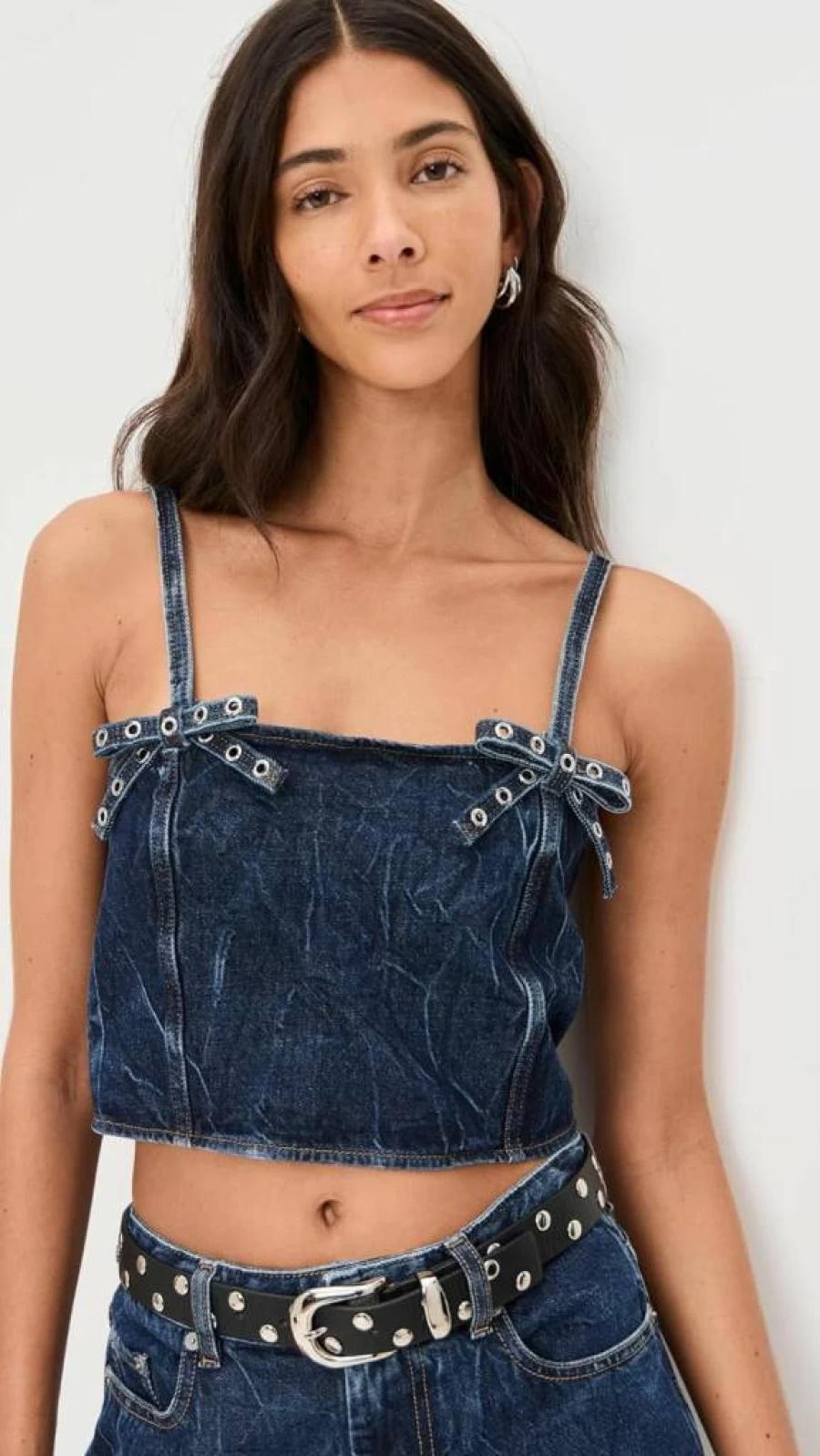 Ganni Women's Crinkled Denim Strap Top - Futuristic Styling