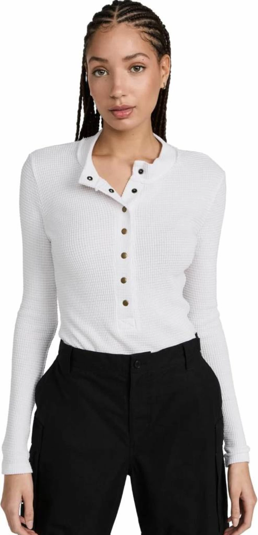 ASKK NY Women's Snap Button Henley T-Shirt - Casual Short Sleeve Top for Women