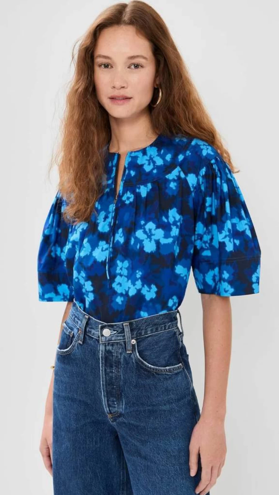 Ulla Johnson Women's Luz Top - Floral Print Blouse with V-Neck and Puff Sleeves