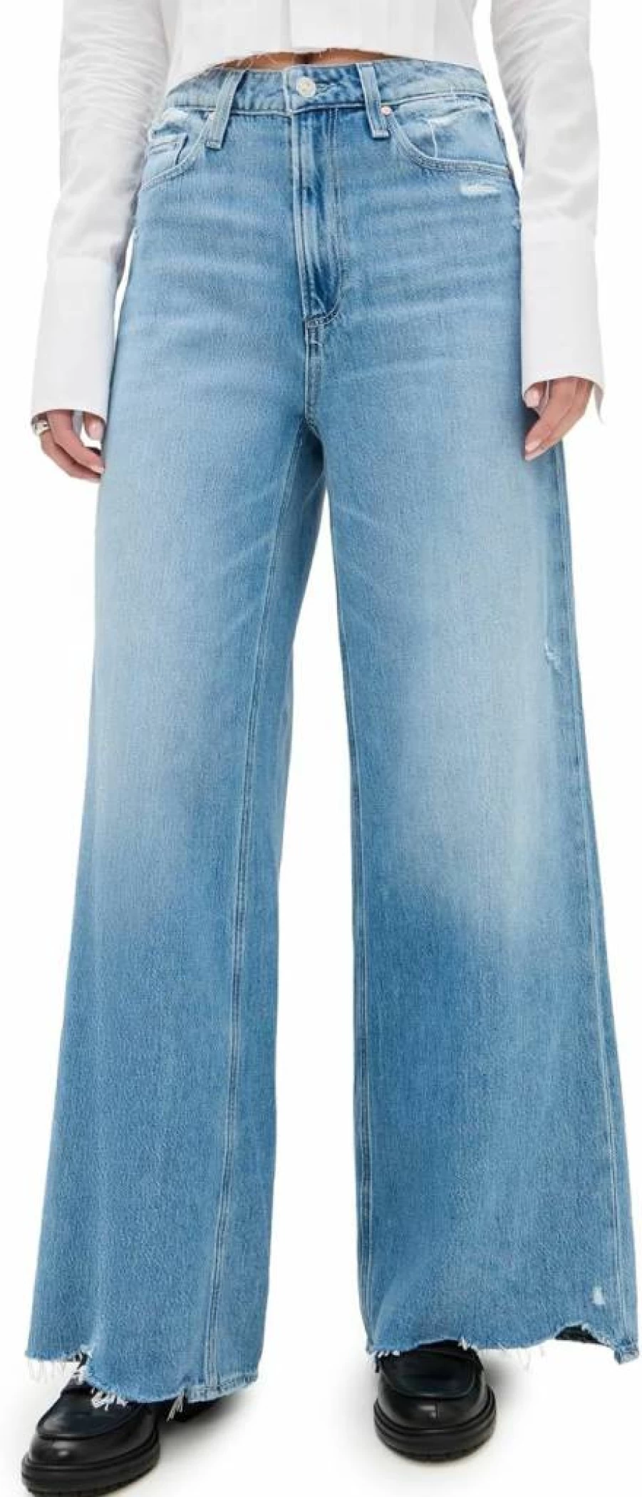 PAIGE Women's Portia High-Rise Straight-Leg Jeans - 32" Rumors With Rock Hem Distressed Denim