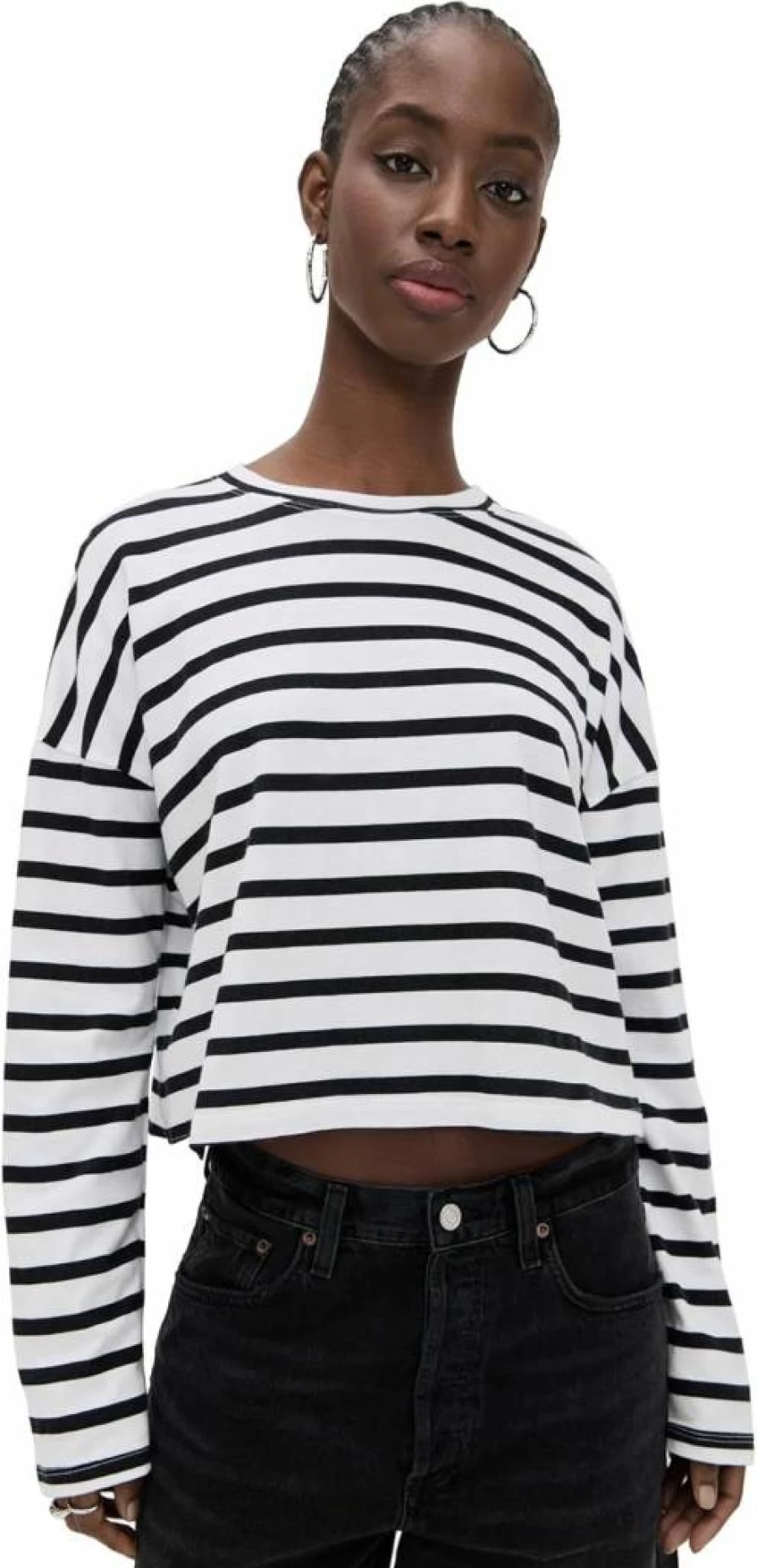 ASKK NY Women's Striped Cropped Long Sleeve T-Shirt - Casual Fashion Top